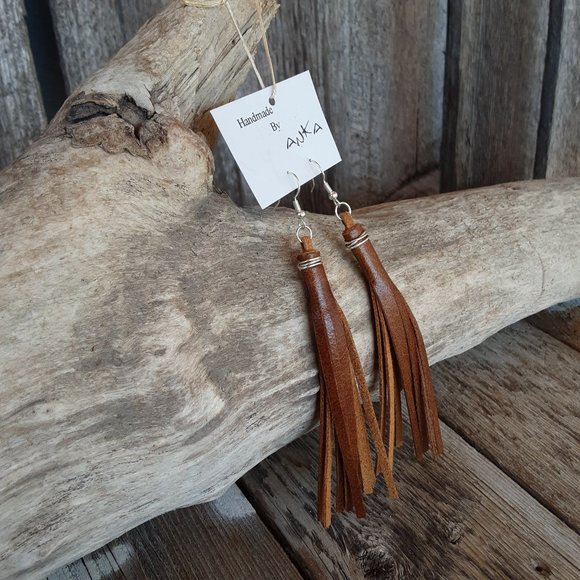 Handmade Leather Fringe Earrings - Picture 3 of 11